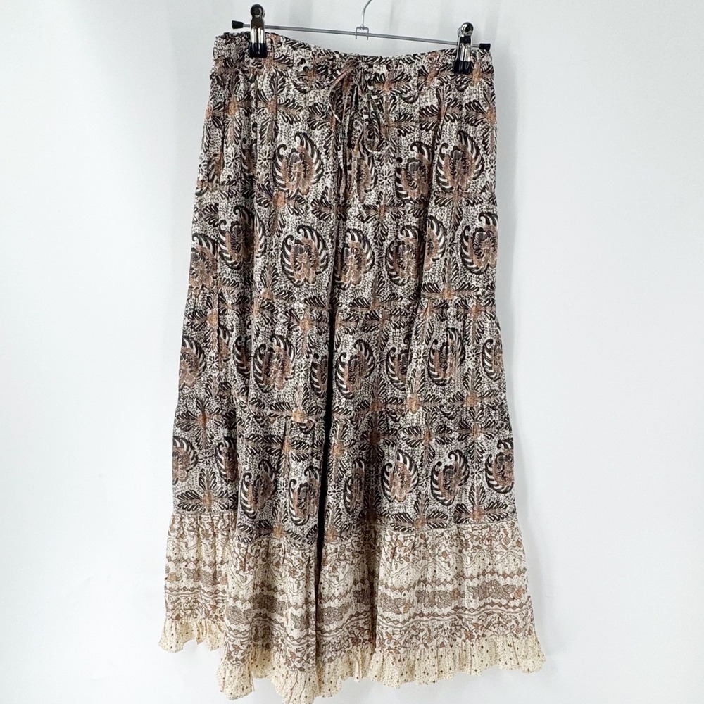 Ulla Johnson Women 2 Batik Floral Paisley Tiered Maxi Skirt Brown Cotton Viscose